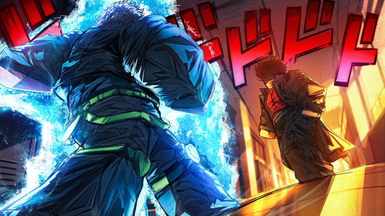 Morioh High promotional artwork: two characters face off amid blue energy and red manga lettering